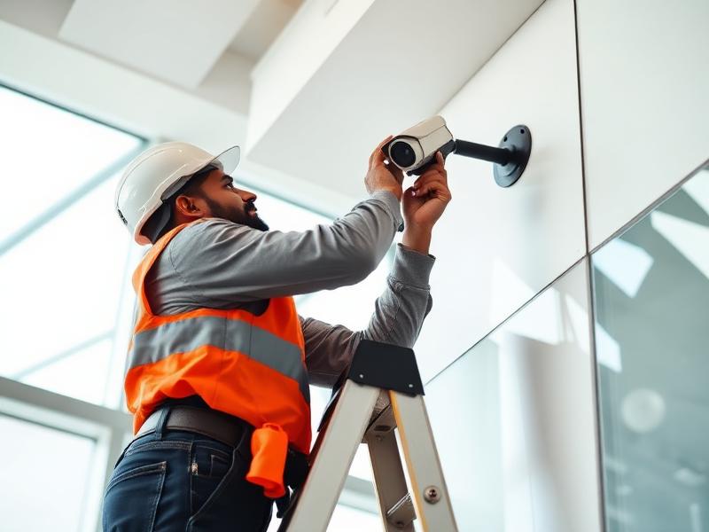 Technician installing CCTV camera on ladder